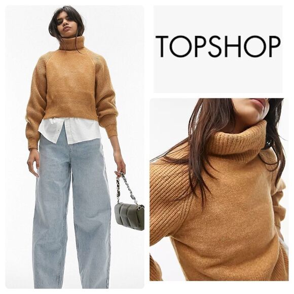 NWT TopShop Brown Snuggly Cowl Neck Cropped‎ Sweater - 8-10 - Picture 1 of 15